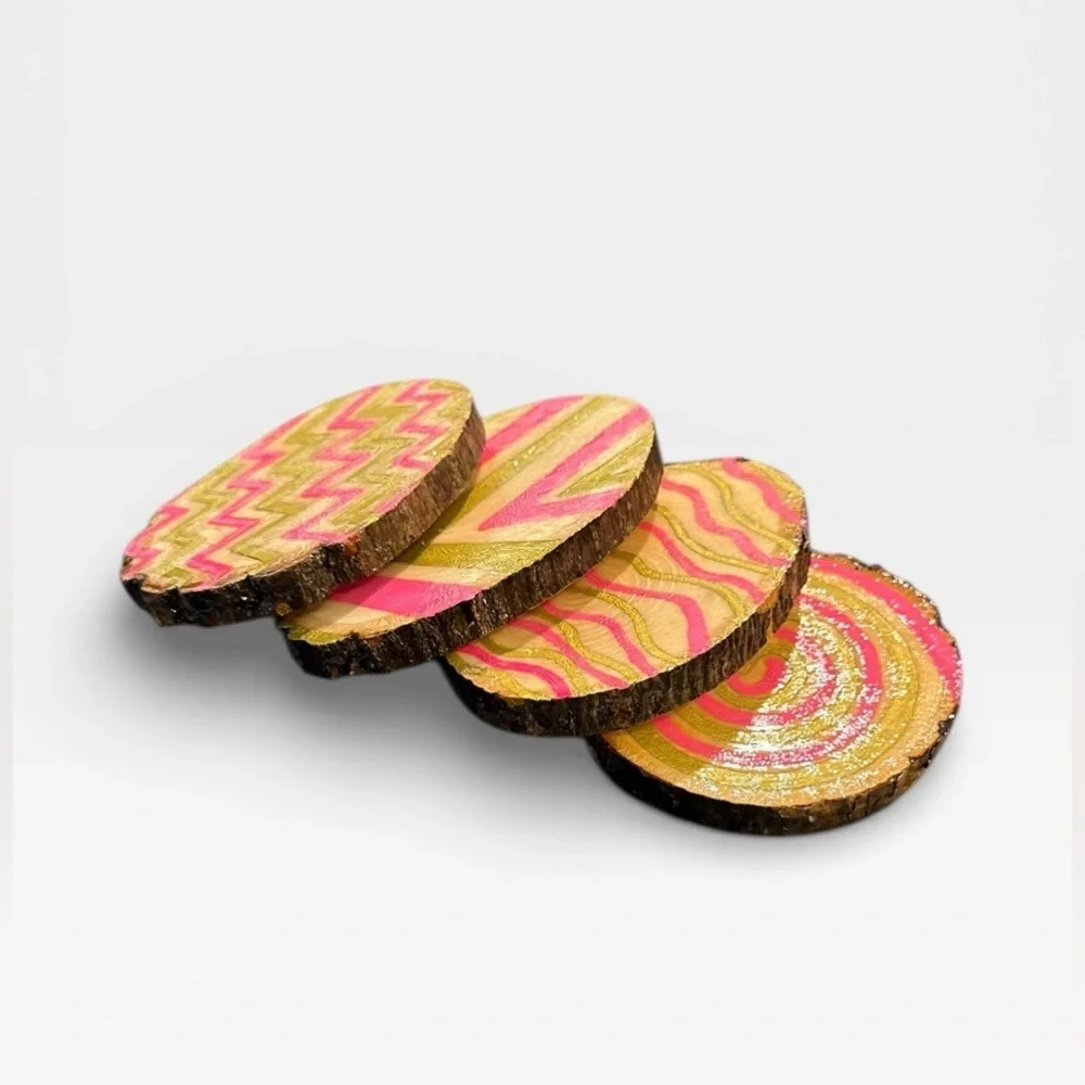 Handmade 4 Raw Wood Pink and Gold Patterned Coasters